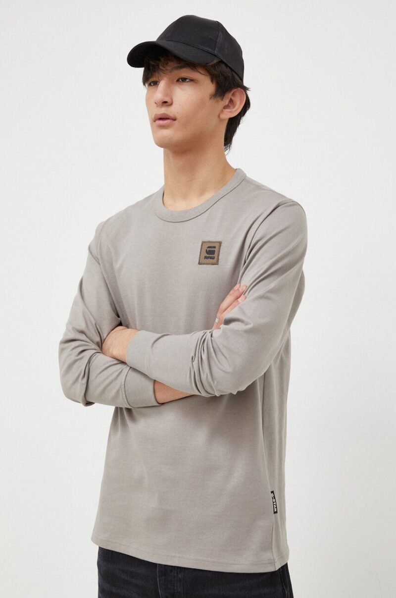 G-Star Raw longsleeve din bumbac culoarea gri