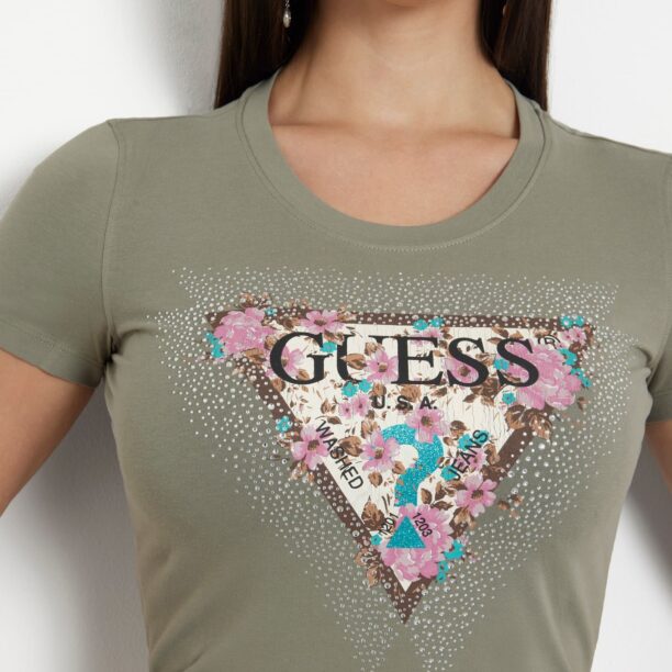 Preţ GUESS Tricou 'CHERRY FLOWER'  maro închis / verde pastel / negru / argintiu