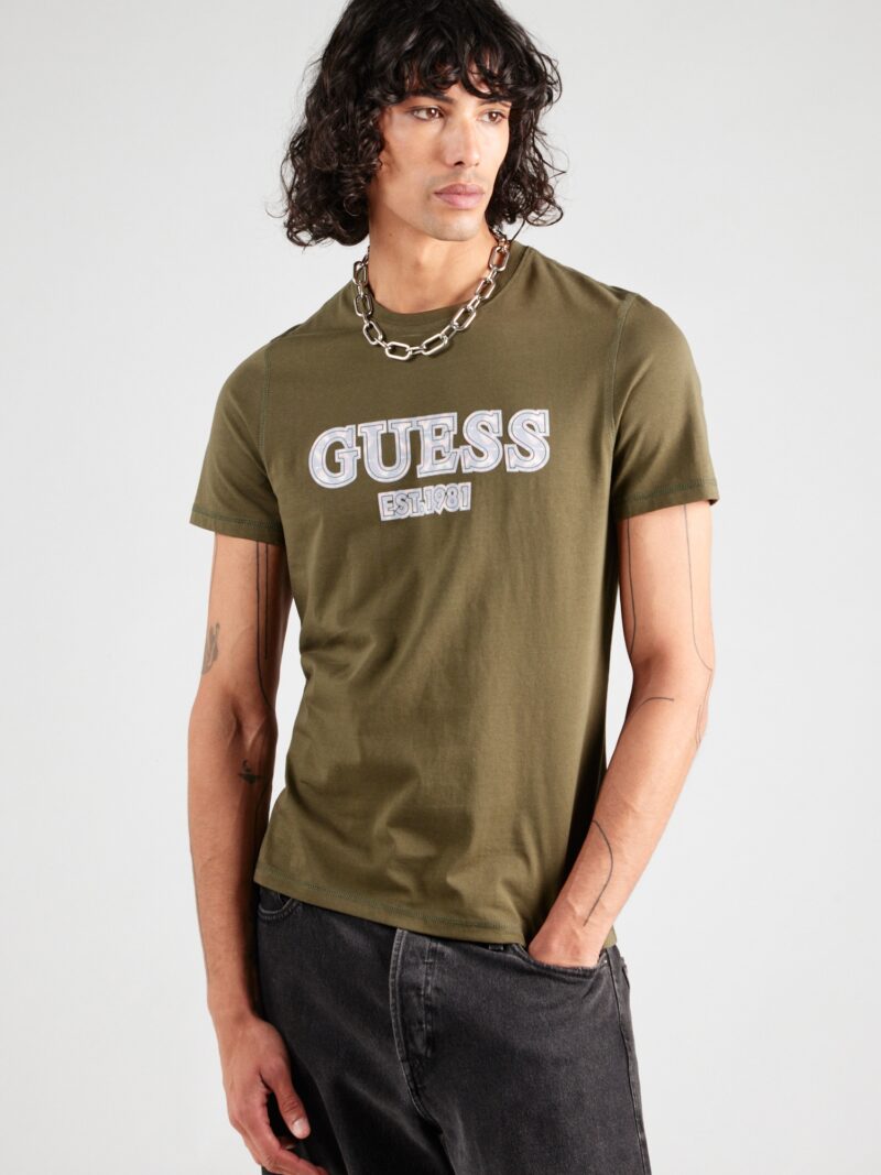 GUESS Tricou  gri deschis / oliv / alb murdar