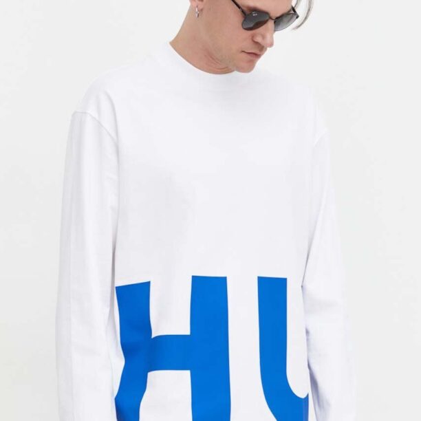 HUGO Blue longsleeve din bumbac culoarea alb