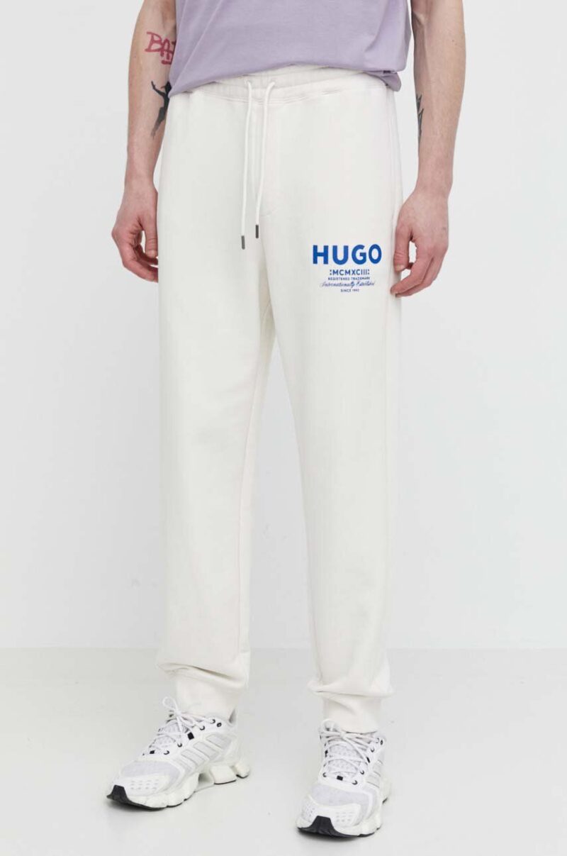 HUGO Blue pantaloni de trening din bumbac culoarea bej