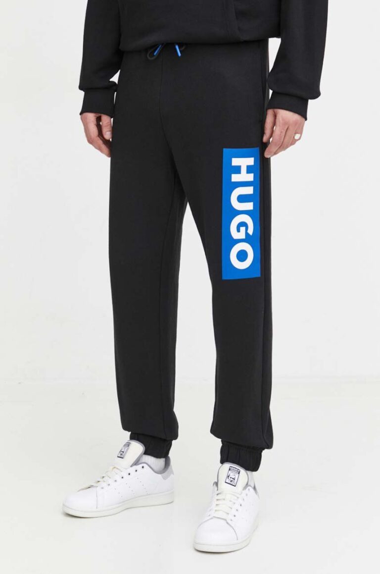 HUGO Blue pantaloni de trening din bumbac culoarea negru