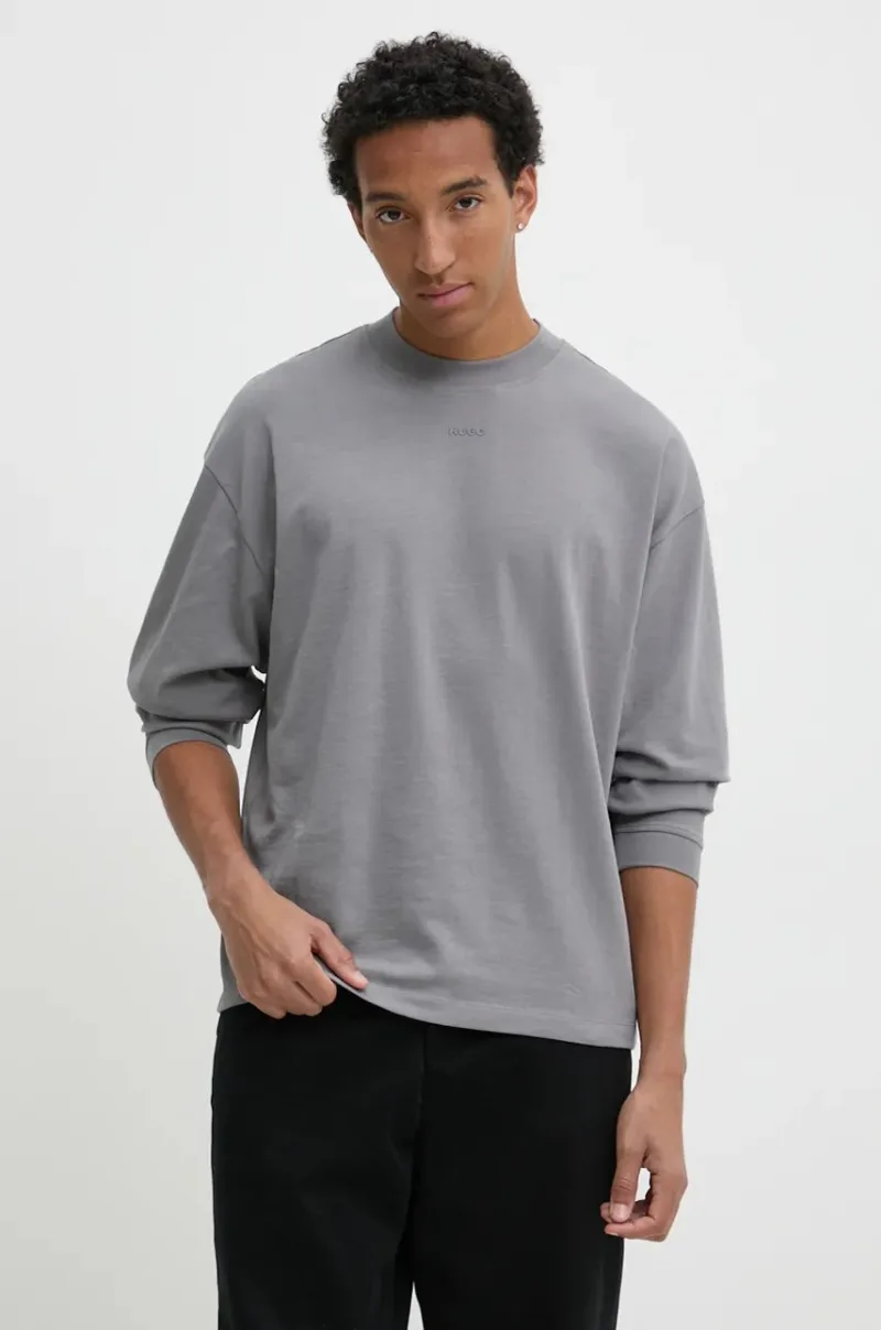 HUGO longsleeve din bumbac culoarea gri