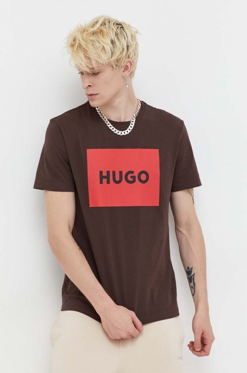 HUGO tricou din bumbac culoarea maro