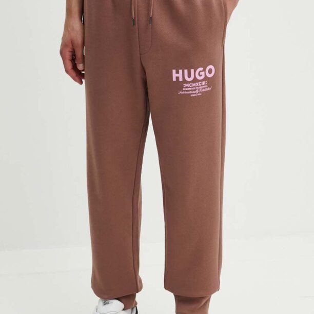 Hugo Blue pantaloni de trening din bumbac culoarea bej