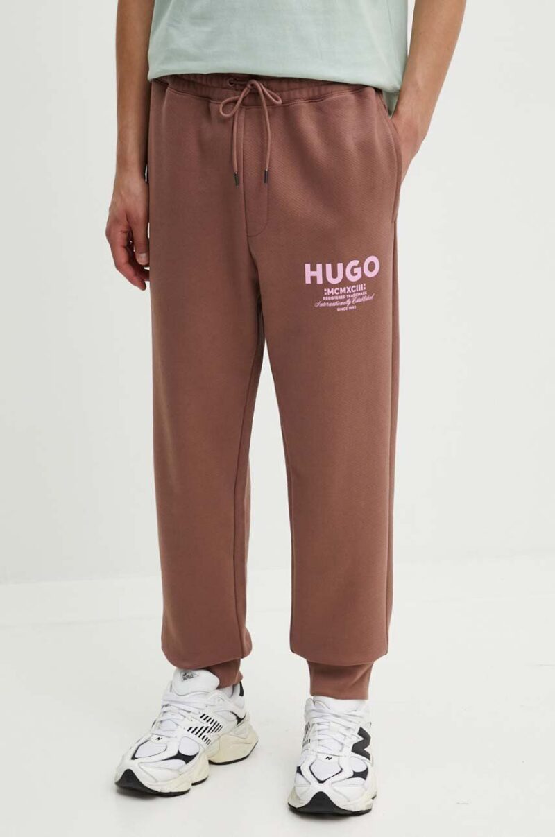 Hugo Blue pantaloni de trening din bumbac culoarea bej