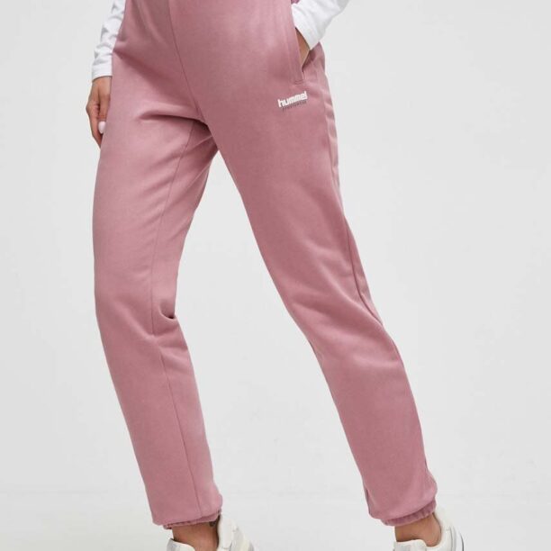 Hummel pantaloni de trening din bumbac culoarea roz