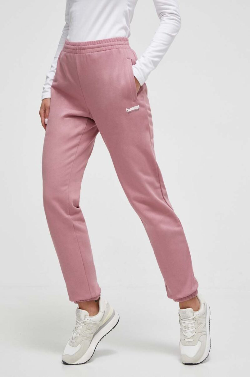 Hummel pantaloni de trening din bumbac culoarea roz