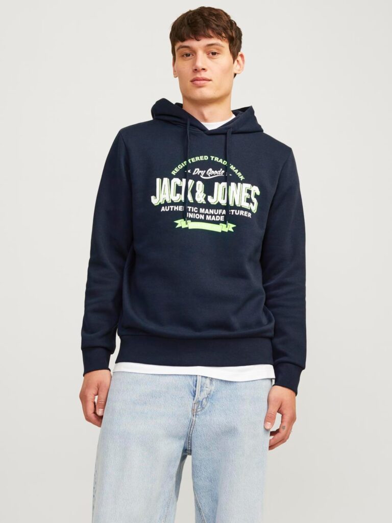 JACK & JONES Bluză de molton  albastru închis / verde limetă / alb