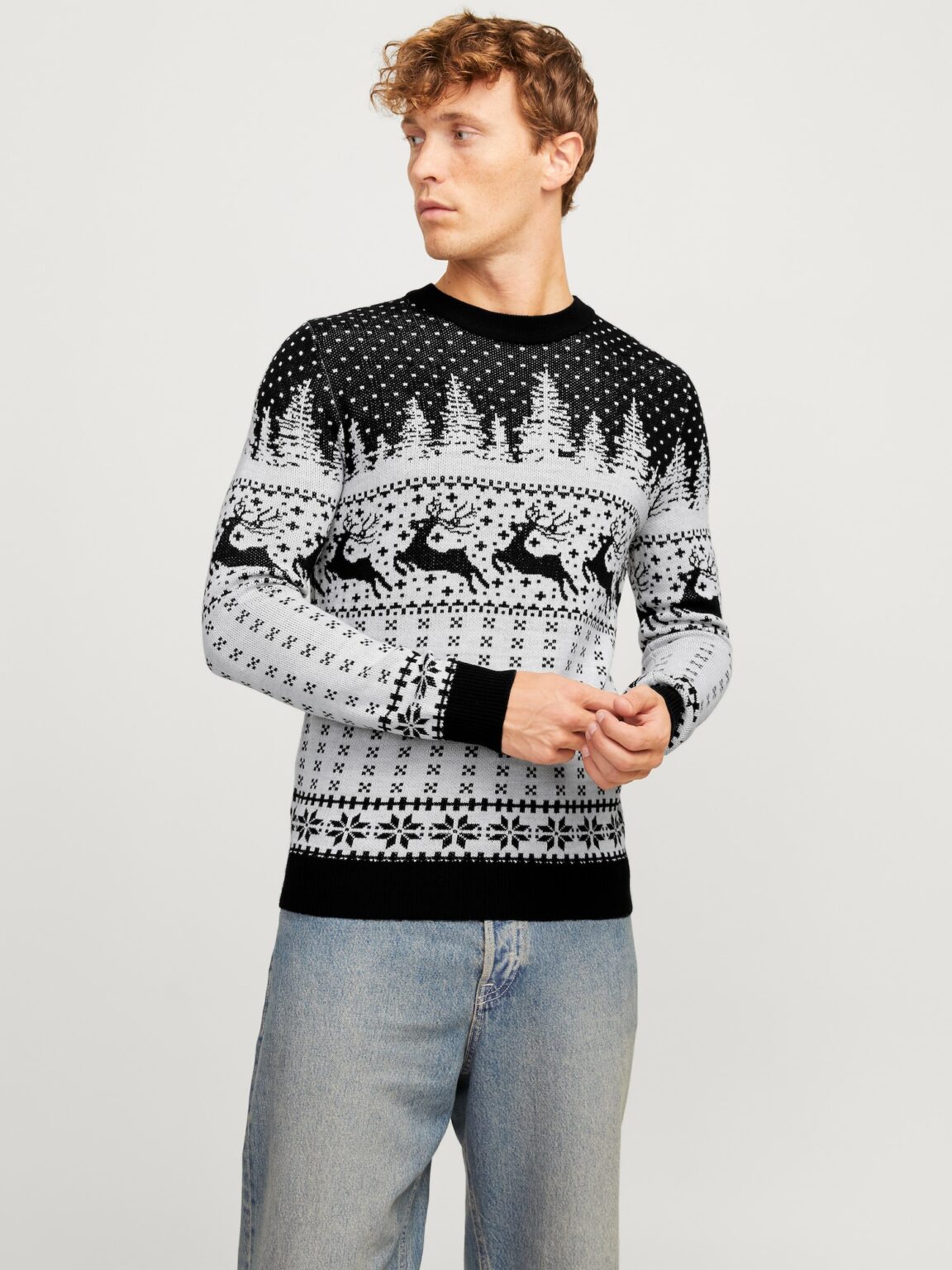 JACK & JONES Pulover 'JJXmas Gabriel'  negru / alb preţ