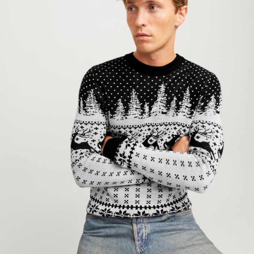 Preţ JACK & JONES Pulover 'JJXmas Gabriel'  negru / alb