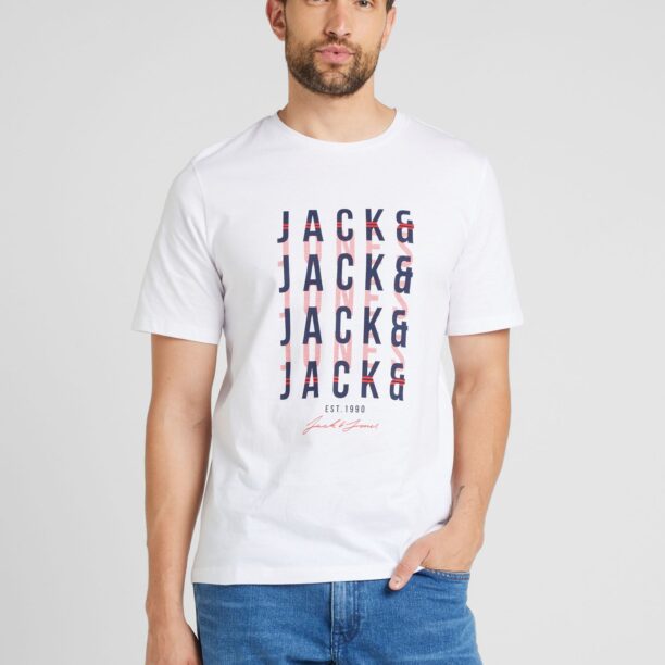 JACK & JONES Tricou 'JJDELVIN'  albastru marin / roșu deschis / alb preţ