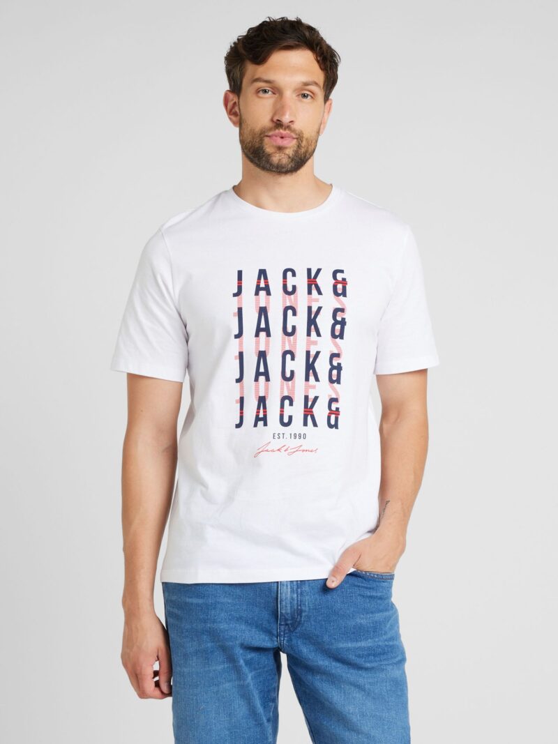 JACK & JONES Tricou 'JJDELVIN'  albastru marin / roșu deschis / alb preţ