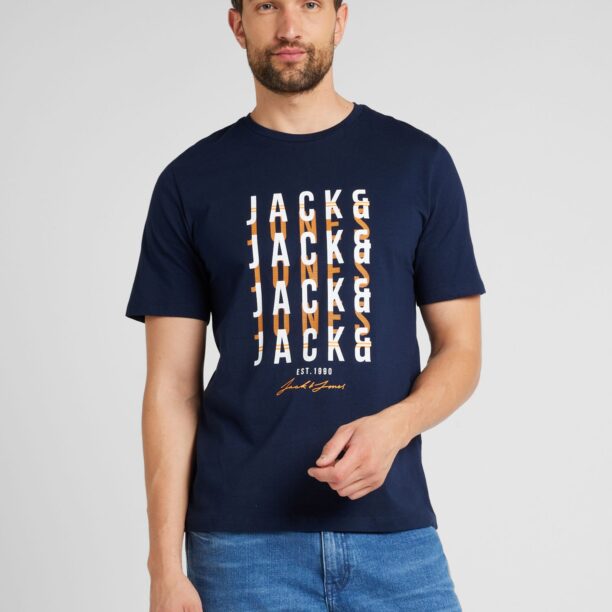 JACK & JONES Tricou 'JJDELVIN'  bleumarin / portocaliu / alb