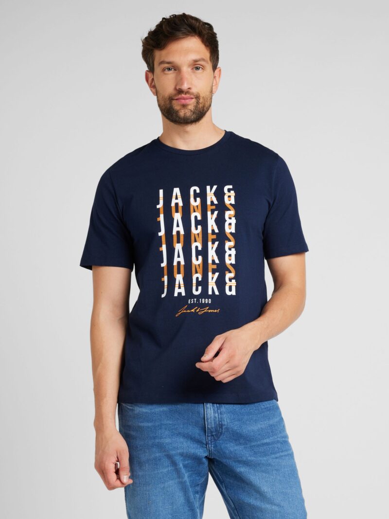 JACK & JONES Tricou 'JJDELVIN'  bleumarin / portocaliu / alb