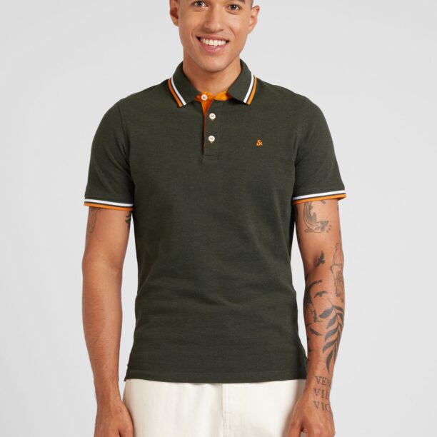 JACK & JONES Tricou 'JJEPAULOS'  verde închis / portocaliu / alb