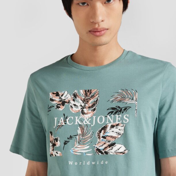 JACK & JONES Tricou 'JJFLOOR'  cyan / albastru deschis / maro / alb