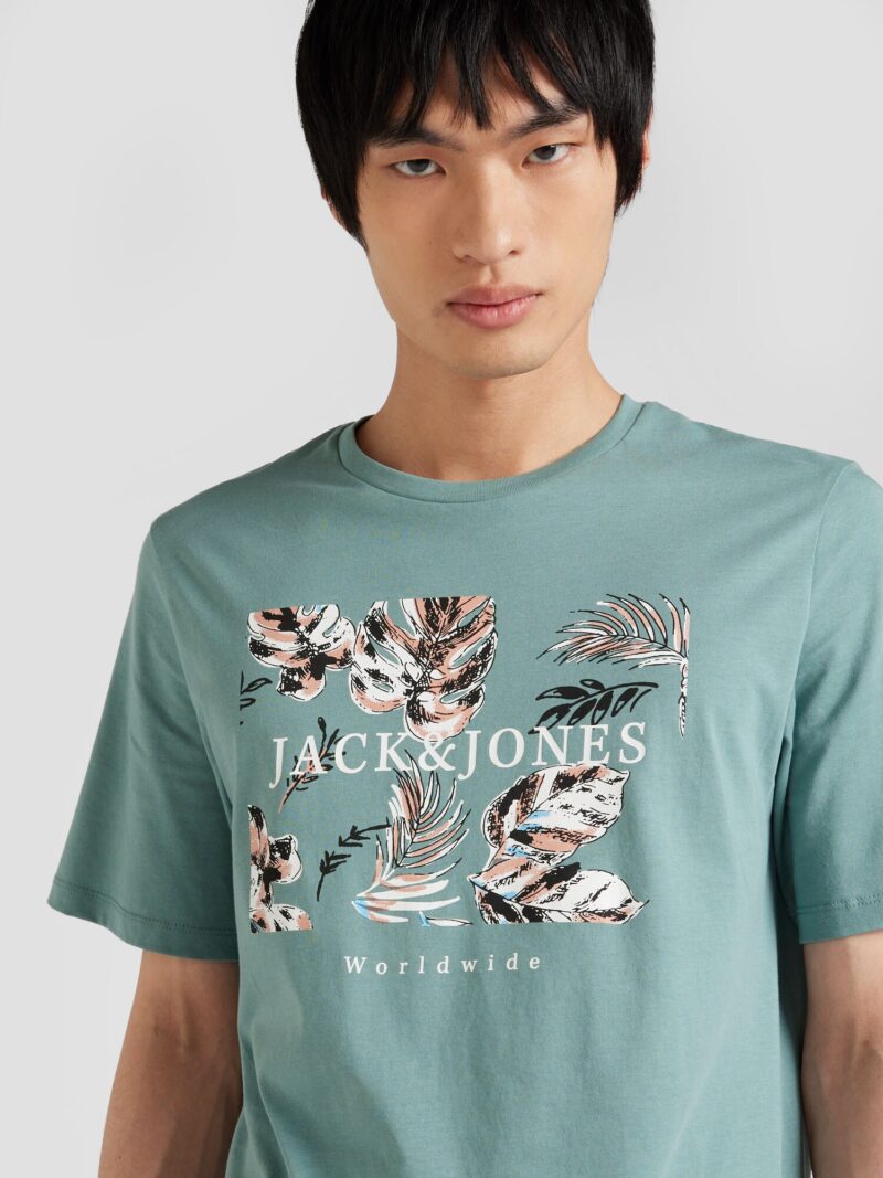 JACK & JONES Tricou 'JJFLOOR'  cyan / albastru deschis / maro / alb