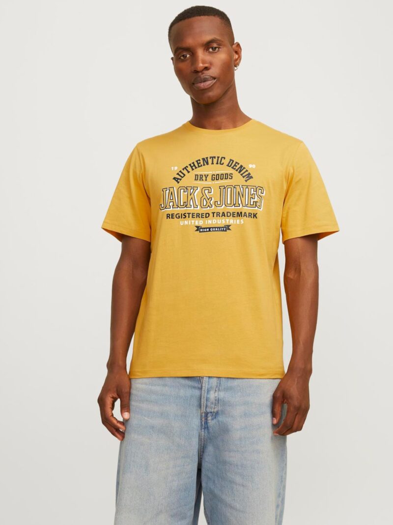 JACK & JONES Tricou  albastru marin / galben auriu / alb