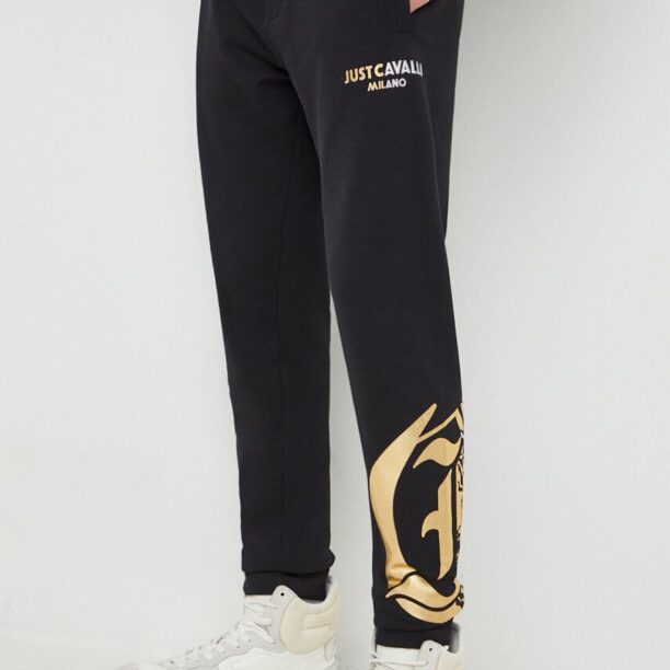 Just Cavalli pantaloni de trening din bumbac culoarea negru