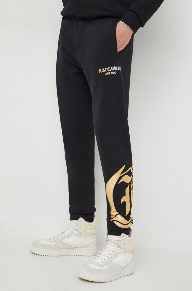 Just Cavalli pantaloni de trening din bumbac culoarea negru