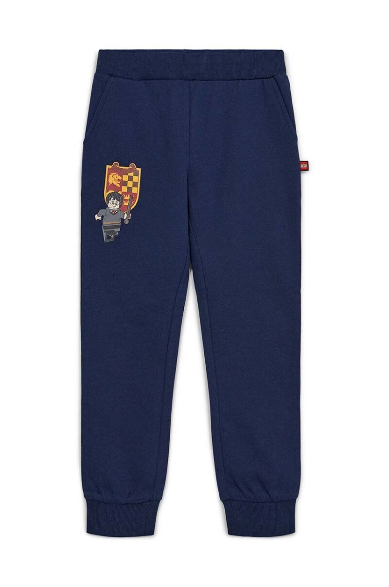 Lego pantaloni de trening din bumbac pentru copii culoarea albastru marin