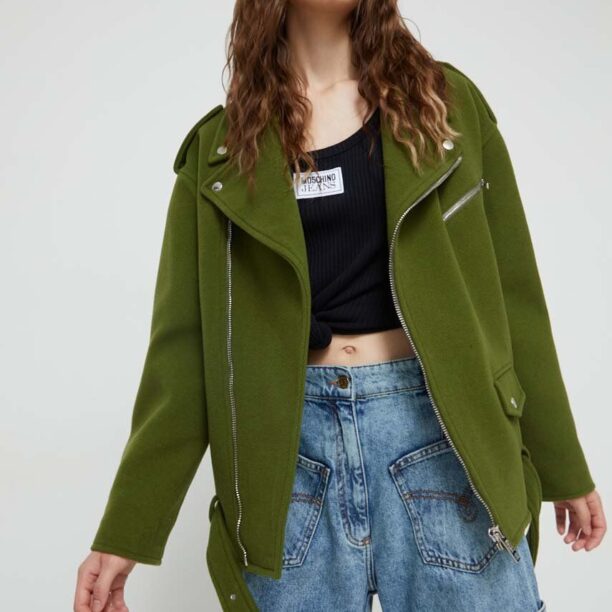 Moschino Jeans geaca de lana culoarea verde