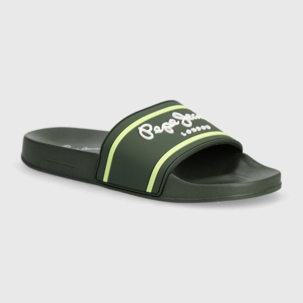 Pepe Jeans papuci SLIDER LOGO B culoarea verde