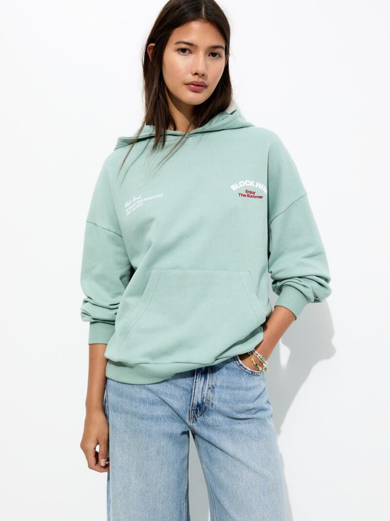 Pull&Bear Bluză de molton  verde mentă / roșu / alb