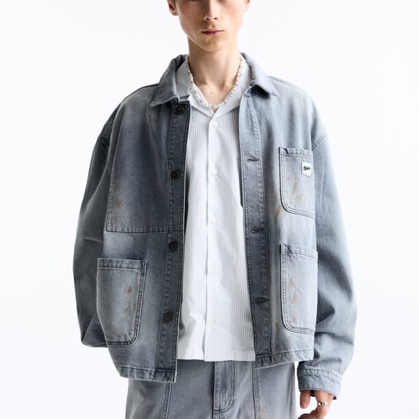 Pull&Bear Geacă de primăvară-toamnă  albastru denim / negru / alb