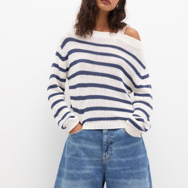 Pull&Bear Pulover  bleumarin / alb natural