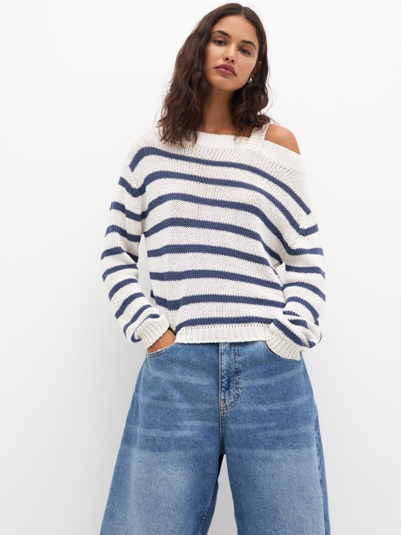 Pull&Bear Pulover  bleumarin / alb natural