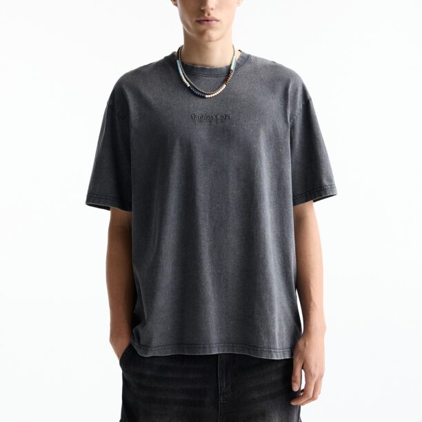 Pull&Bear Tricou  gri metalic / negru preţ