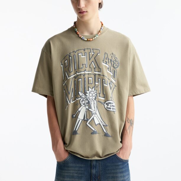 Pull&Bear Tricou  gri metalic / verde / alb