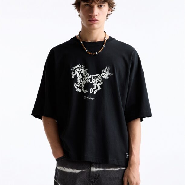 Pull&Bear Tricou  negru / alb