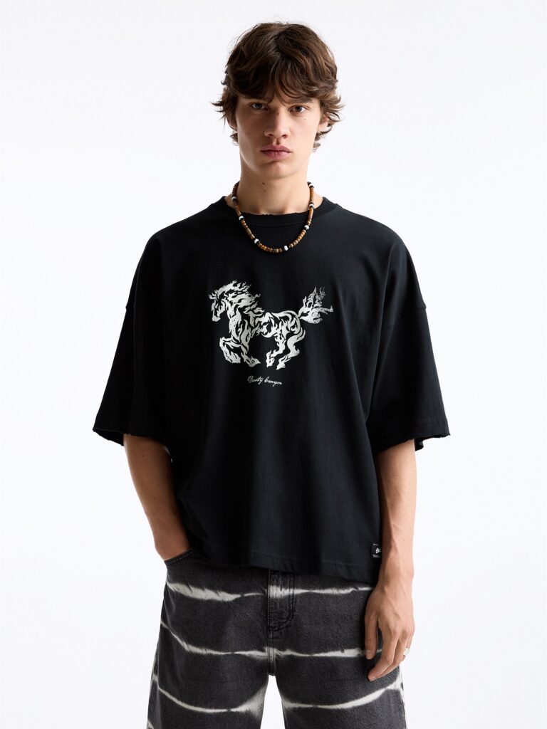 Pull&Bear Tricou  negru / alb