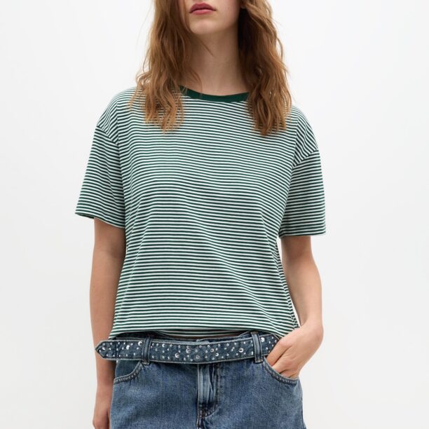 Pull&Bear Tricou  verde / alb murdar