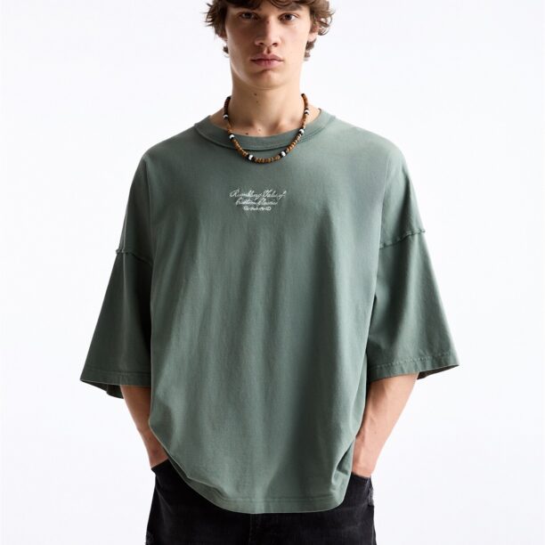 Pull&Bear Tricou  verde stuf / verde pastel / negru