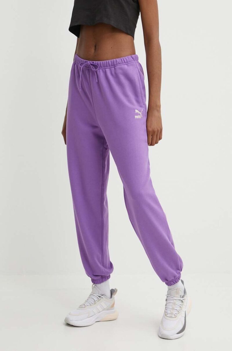 Puma pantaloni de trening din bumbac BETTER CLASSIC culoarea violet