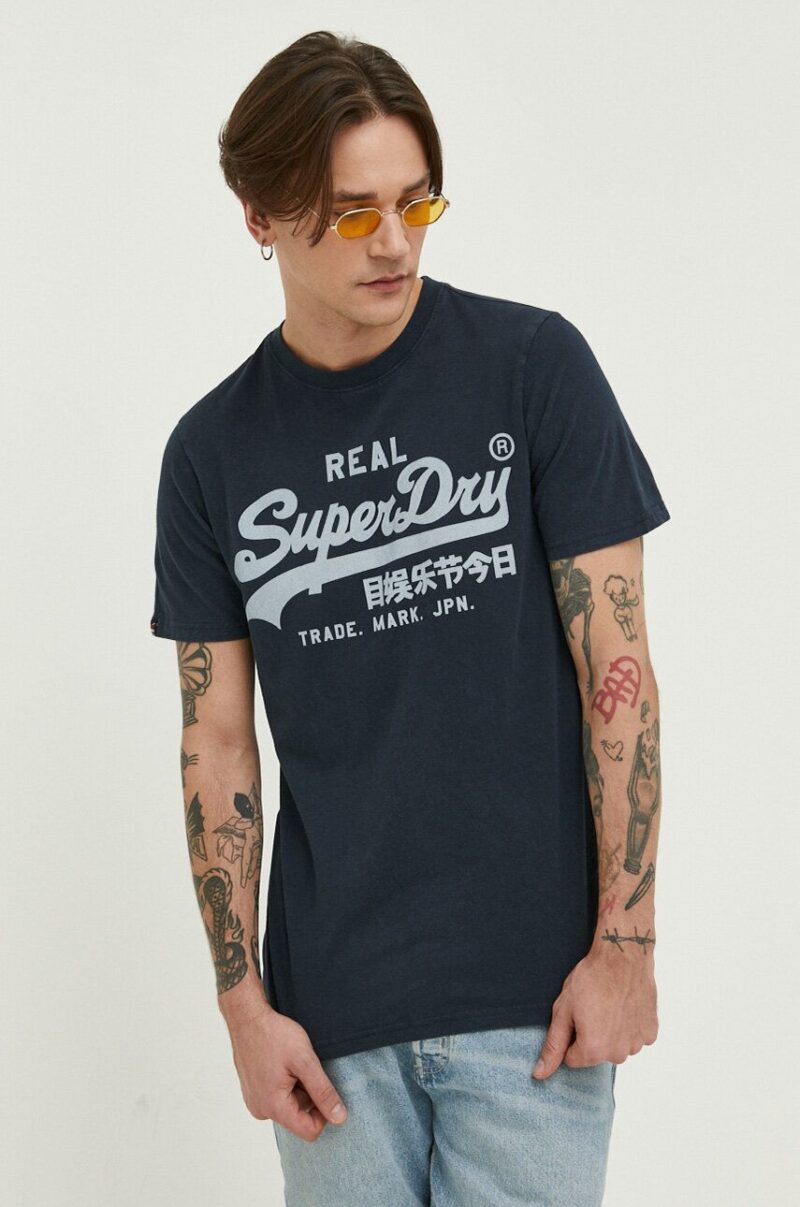 Superdry tricou din bumbac culoarea albastru marin