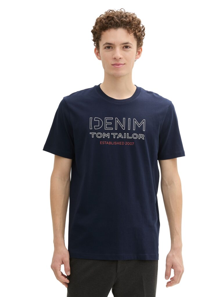 TOM TAILOR DENIM Tricou  albastru închis / roșu pepene / alb