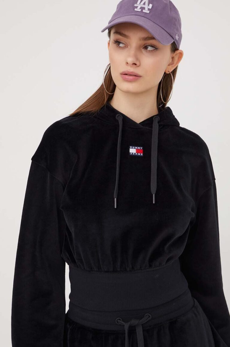 Tommy Jeans bluză din velur culoarea negru