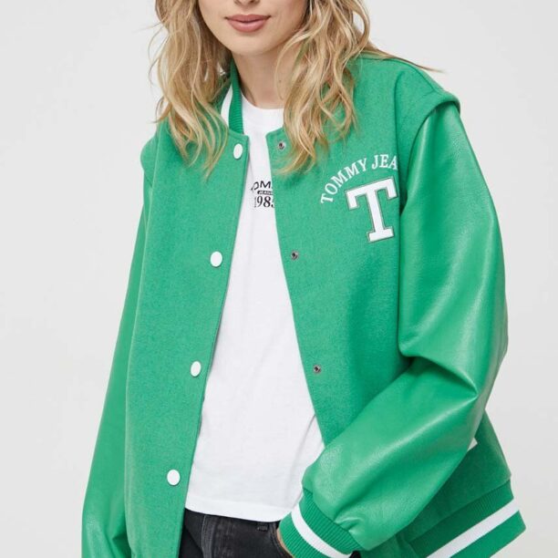 Tommy Jeans jacheta bomber din amestec de lana culoarea verde