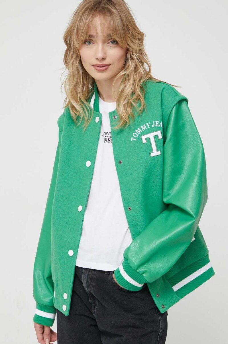 Tommy Jeans jacheta bomber din amestec de lana culoarea verde