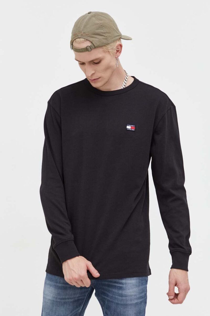 Tommy Jeans longsleeve din bumbac culoarea negru