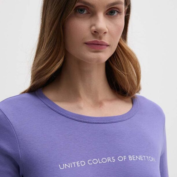 United Colors of Benetton longsleeve din bumbac culoarea violet preţ