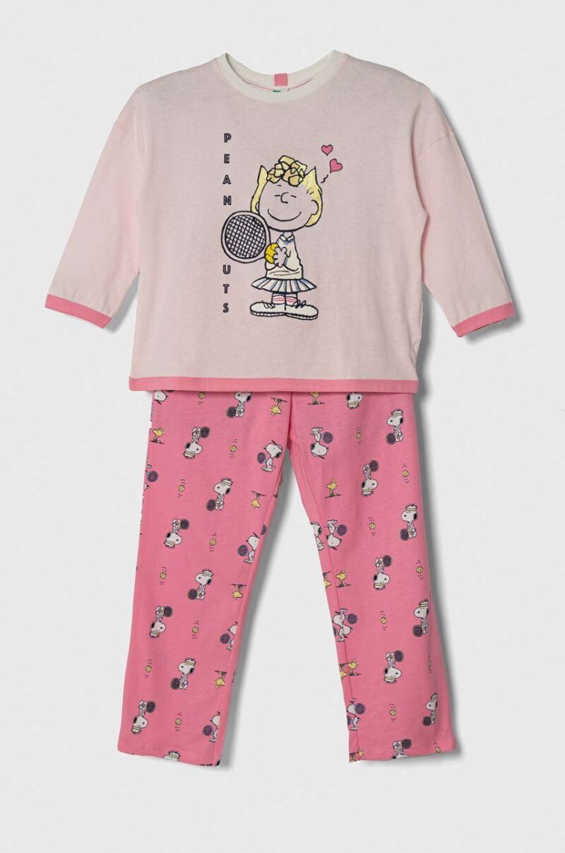 United Colors of Benetton pijamale de bumbac pentru copii x Snoopy culoarea roz