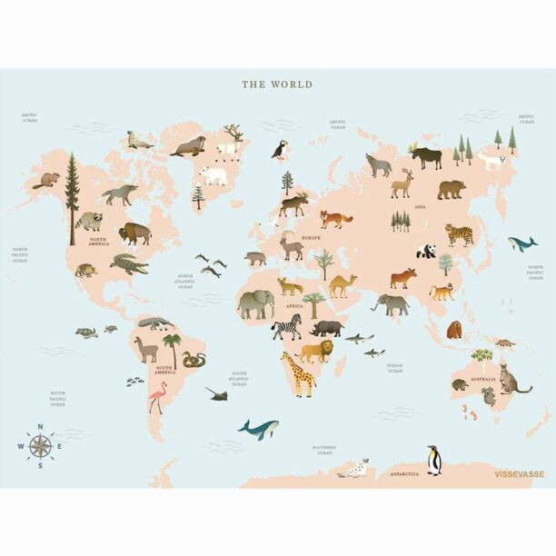 Vissevasse Poster World Map Animal 50x70 cm