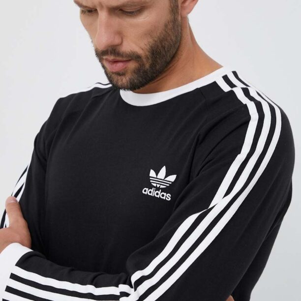 adidas Originals longsleeve din bumbac 3-Stripes Long Sleeve Tee culoarea negru