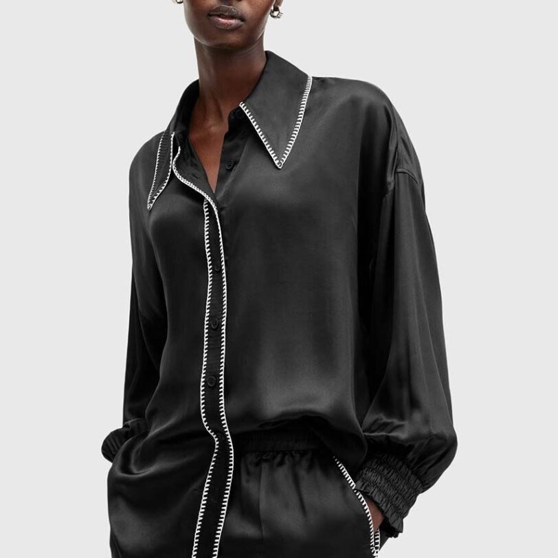 AllSaints camasa din amestec de matase CHARLI STITCH culoarea negru